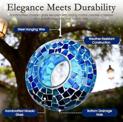 6 Inch Mosaic Glass Fly Through Bird Feeder for Outdoors, Blue