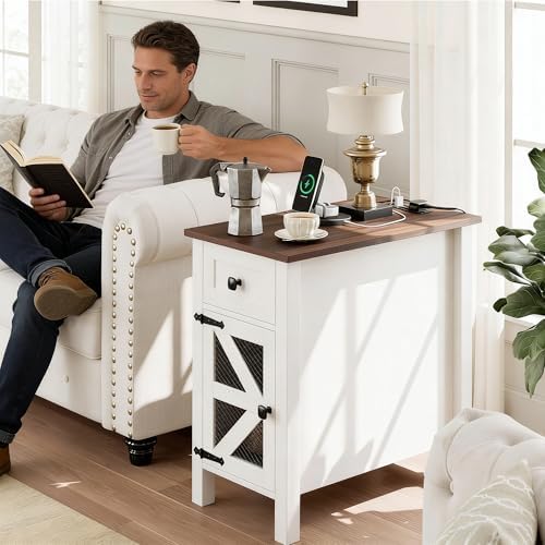 Farmhouse End Table with Charging Station, Narrow Side Tables with Storage