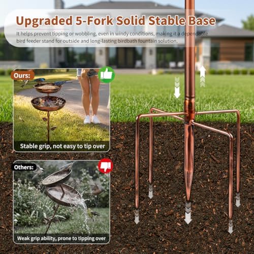 2-in-1 Tall Bird Bath and Feeder for Outdoors, Adjustable Metal Standing Bird Feeder with 5-Prong Base, Antique Copper Finish Rust Proof Water Bowl & Seed Tray Station for Garden Yard Patio Decor