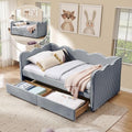 Twin Size Daybed with Storage Drawers, Linen Gingham Daybed with USB Ports & Wave Shaped, Upholstered Day Bed Frame, Modern Sofa Bed for Living Room/Bedroom/Guest Room, No Box Spring Needed, Navy