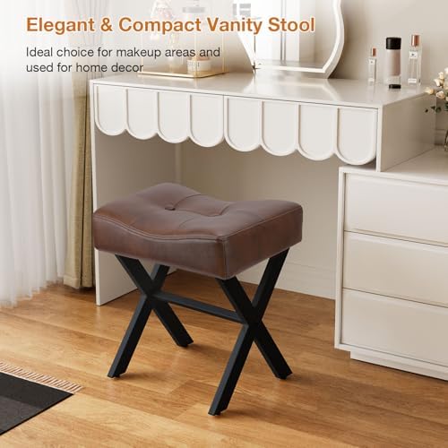 Memobarco 18-Inch Leather Vanity Stool Chair, Dark Brown Makeup Stool