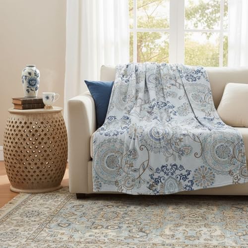 Neasow Teal Fleece Throw Blanket, Light Blue Paisley Design Floral Cozy Decor Nap Blankets for Sofa Bed Couch Chair or Dorm Throws 40×50 inches