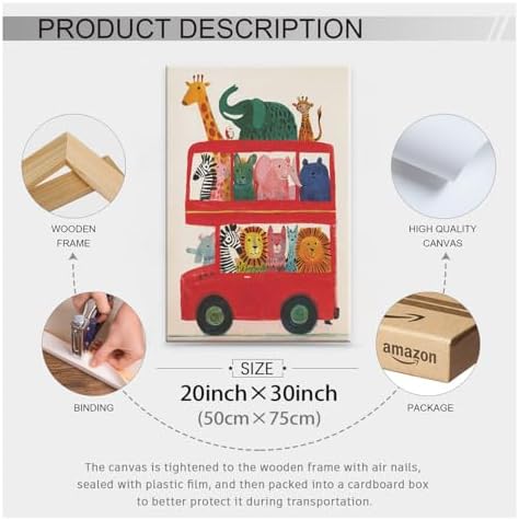 Wrapped Framed Cute Colorful Animal Canvas Wall Art Modern Funny Kids Posters Safari Animals On Red Bus Scene Prints For Toddler Bedroom Nursery Wall Decor 20x30 inch