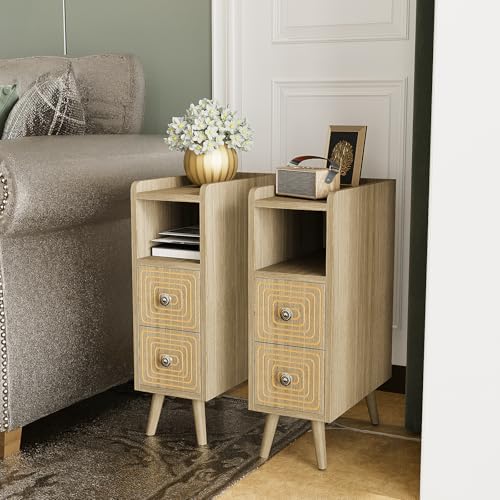 7.8" Narrow Nightstand Set of 2 with 2 Drawers & Open Storage,Oak