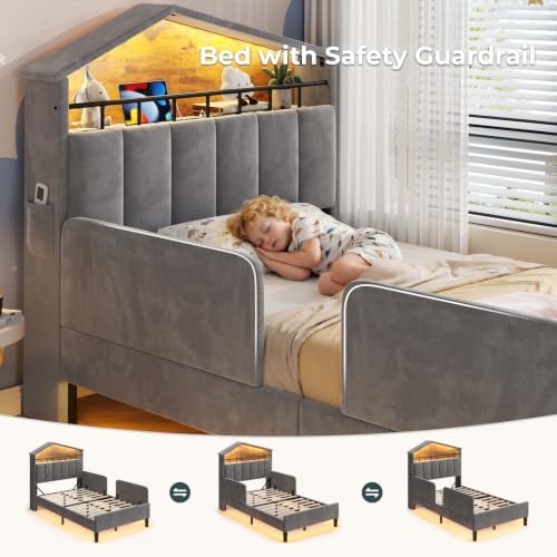 ADORNEVE Twin Size Bed Frame with LED Lights,Velvet Bed for Boys,Grey