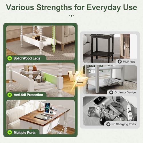 YOSHOOT Farmhouse End Table with Charging Station, Narrow Side Table
