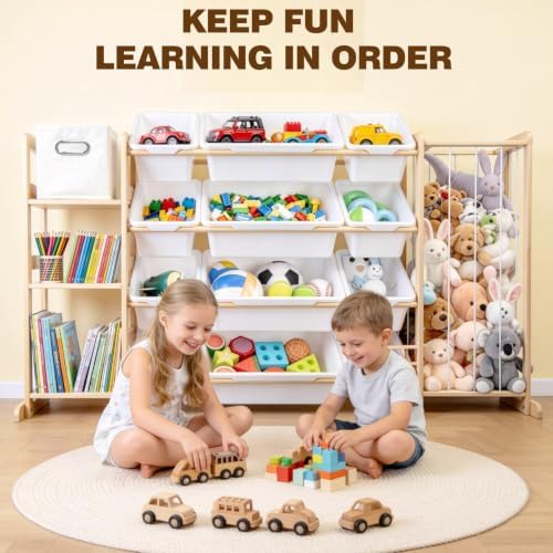 Kids Toy Storage Organizer with Bookshelf and Stuffed Animal Storage, 12 Removable Toy Bins and 1 Bonus Fabric Bin, Wooden Organizer for Playroom and Nursery, White