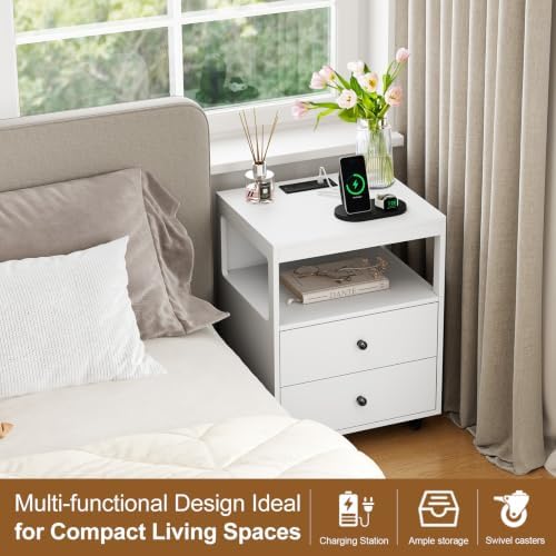 Bedroom Nightstand with Charging Station, Side Table with 2 Drawers,Sofa End Table Living Room with Wheels for Living Room Bedroom Office(White)