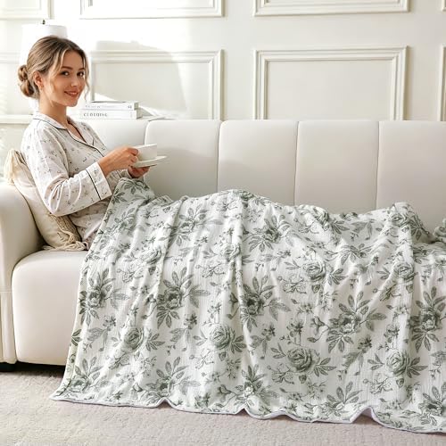 Muslin Blankets for Adults Reversible Throw Fleece & Gauze, Soft Cozy Lightweight Breathable Green Floral Blanket for Bed Couch, Double Layer Muslin Throw Cover 90"x108"