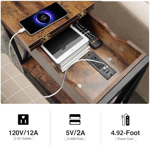 End Tables Living Room Set of 2 with Charging Station, 12"D x 24"W x 24"H