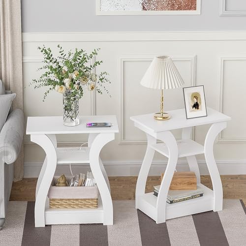 FROMJBEST End Tables Living Room Set of 2 with Charging Station, White