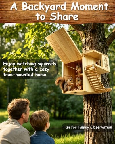 Squirrel House 16.5" Large Heavy Duty Weatherproof Solid Wood Squirrel Nesting Box with Porch, Climbing Ladder & Anti-Predator Latch, Fun Family DIY Assembly Kit Gift, Backyard Outdoor Decor