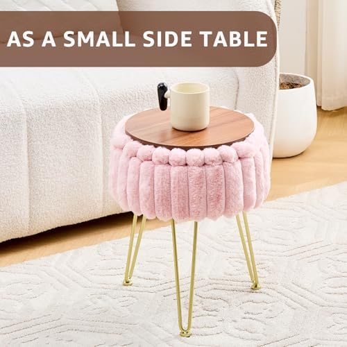 Wimarsbon Vanity Stool with Storage, Faux Fur Ottoman Chair with Metal Legs