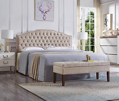 24KF Upholstered Button Tufted King Size Headboard with Nailhead Trim, Soft Velvet Fabric Headboard King/Cal King Size-Taupe