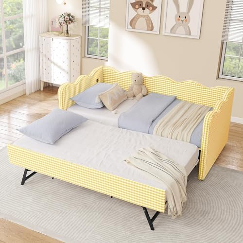 Twin Size Daybed with Pop Up Trundle, Linen Gingham Twin to King Daybed with USB Ports, Upholstered Day Bed Frame, Modern Sofa Bed for Living Room/Bedroom/Guest Room, No Box Spring Needed, Yellow