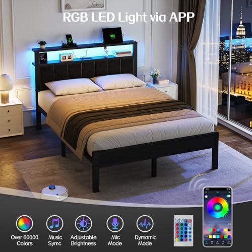 OLEVS Full Bed Frame with LED Lights & Charging Station Modern Platform Bed
