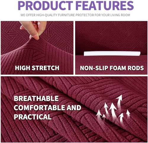 ZNSAYOTX Super Stretch Couch Cover (72"-92"), New Striped Sofa Covers Fitted Slipcovers with Elastic Bottom, Dog Cat Pets Proof Spandex Fabric Comfortable & Durable (Wine Red, Sofa)