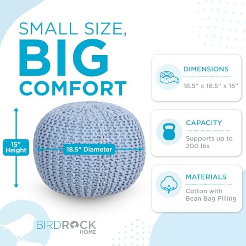 BIRDROCK HOME Round Pouf Ottoman Foot Rest, Soft Blue, 18.5”x18.5”x15”