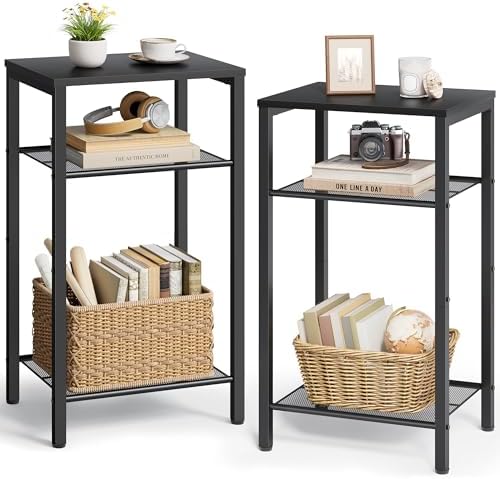 Hoctieon 2-Set 3 Tier End Table, Telephone Table Set of 2, Tall Side Table with Storage Set of 2, Small Nightstand for Small Spaces, Metal Frame, for Living Room, Bedroom, Sofa Couch, Black