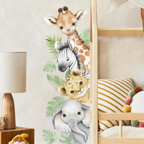 44.88x 15.75 Inch Watercolor Animal Wall Decals Jungle Animal Wall Stickers Tiger Elephant Giraffe Removable Peel and Stick Wall Decals for Nursery Playroom Bedroom Classroom Kindergarten Wall Decor