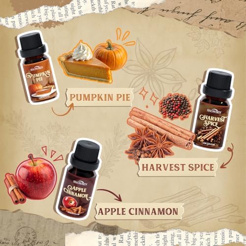 Spice Essential Oils for Diffuser for Home, Fall Scents Oil Set - Apple Cinnamon, Pumpkin Pie, Gingerbread, Coffee, Vanilla, Harvest Spice, Autumn Fragrance Oils for Candle & Soap