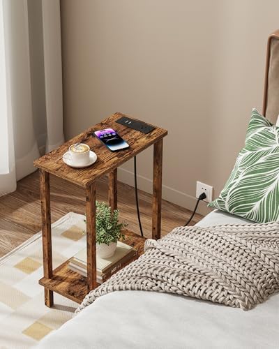 TUTOTAK Narrow Side Table, 2-Tier Small End Table with Charging Station