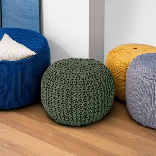 · REDEARTH · Round Pouf Ottoman - Hand Knitted Boho Poof Footrest - Olive