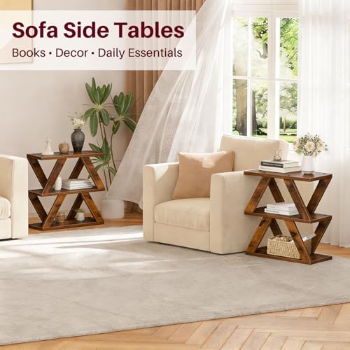 Set of 2 Side Table, 3 Tier Side Table with Side Guard Rails & Anti-Slip Pads, Narrow End Table for Small Spaces, Slim Nightstand with Storage Shelves for Bedroom, Living Room, Rustic Brown