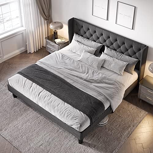 Allewie King Bed Frame with Button Tufted Wingback Headboard, Dark Grey