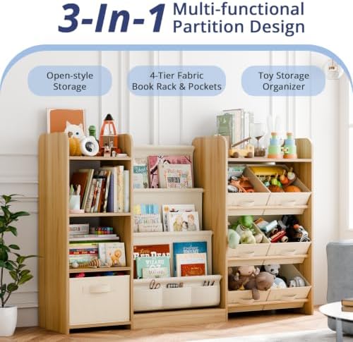 Kids Bookshelf and Toy Storage with 7 Removable Bins, 51 inch, Burlywood