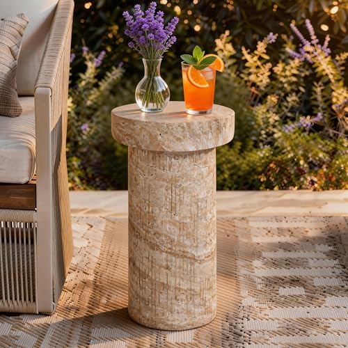 Travertine Side Table, 24 Inch Outdoor End Table, Beige