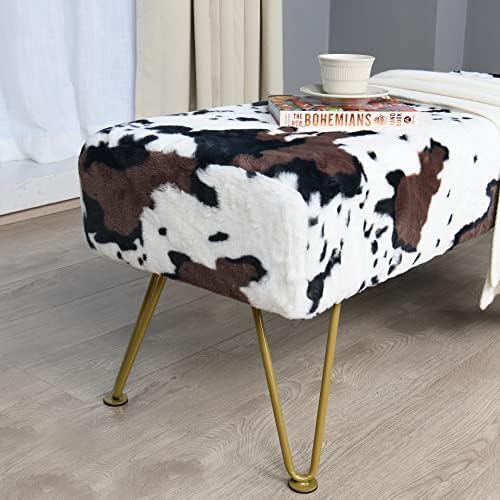 Cow Long Rectangle Faux Fur Ottoman 46"x16"x17" Entryway Bench Soft Furry Footrest Stool Sturdy Accent Seating Bench for Bedroom End of Bed Fuzzy Table Living Room Closet with Golden Legs
