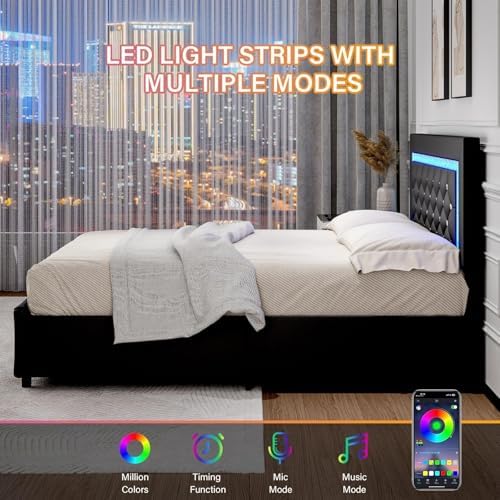BarnFurin King Size Bed Frame with LED Headboard and Storage Drawers,Black