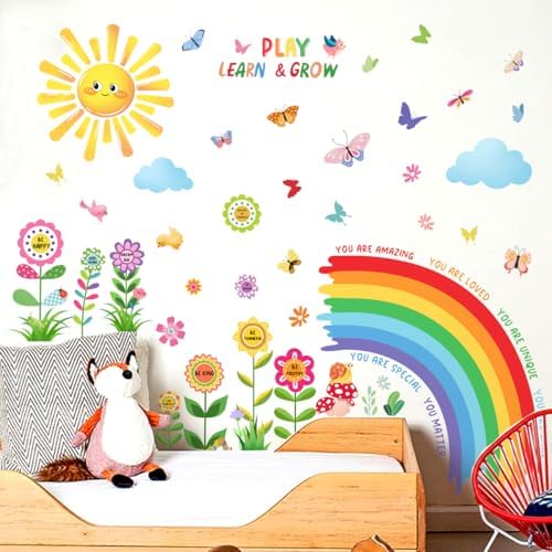 Rainbow Sun Wall Decals for Kids, Play Learn & Grow Inspirational Quotes, Butterfly Flower Wall Stickers, Removable Peel and Stick Nursery Decor for Toddler Bedroom Playroom Classroom (Rainbow Sun)