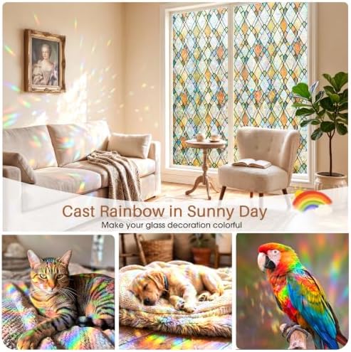Sunbaby Stained Glass Winodw Film, Rainbow Lattice Stickers, 23.6"x78.7"