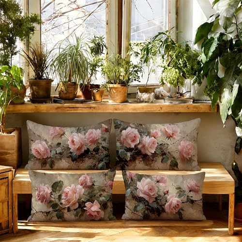 Vintage Pink Rose Floral Throw Pillow Covers Decor 12x20, Shabby Chic Rustic Cottagecore Decorative Rectangle Throw Pillow Covers, Gifts for Room Couch Double-Sided Set of 4