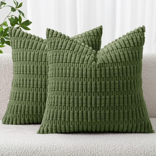 MIULEE Corduroy Decorative Throw Pillow Covers 20x20 Moss Green Pack of 2
