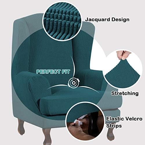 Turquoize Wingback Chair Covers 2 Piece Wing Chair Slipcover Stretch Slipcovers for Wingback Chairs Wing Chair Cover Spandex Jacquard Fabric with Elastic Bottom Non-Slip Furniture Cover, Deep Teal