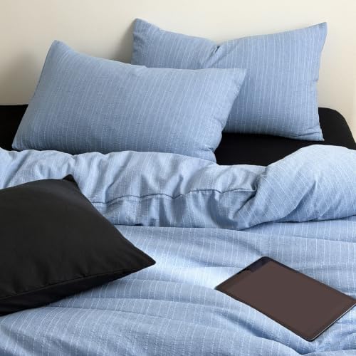 Vintage Blue Striped Duvet Cover Twin 3 Pieces Cottagecore Textured Bedding