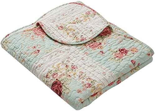 Greenland Home Fashions Antique Rose - Classic Traditional Floral - 100% Cotton Quilted Throw Blanket, 50 x 60 inches, Blue