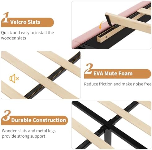 GAOMON King Bed Frame with Adjustable Headboard, Velvet Upholstered Platform King Size Bed Frame, Vertical Channel Tufted, Strong Wooden Slats, No Box Spring Needed, Easy Assembly, Pink