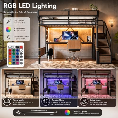 Twin XL Size Metal Loft Bed Frame with Staircase & Built-in Desk & Wardrobe, Loft Bed with Pegboard & Mesh Storage Baskets & Slats, No Box Spring Required, Easy Assembly, for Bedroom, Black