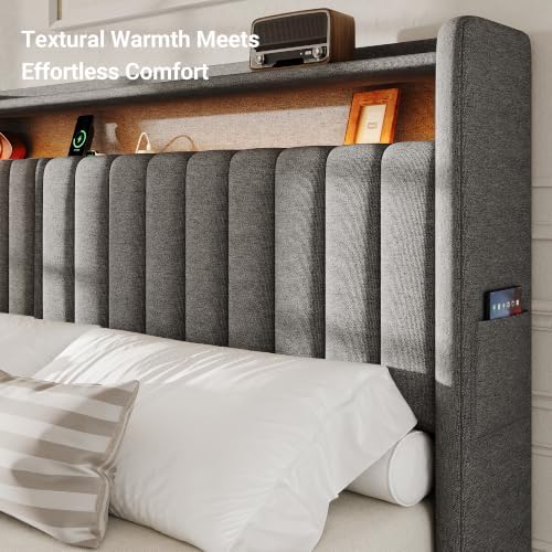 S.E.C.D Upholstered Queen Size Headboard Only, 2-Tier Storage, Dark Gray