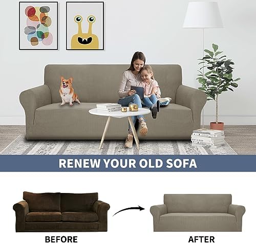 JIVINER High Stretch Couch Covers for 3 Cushion Couch 1-Piece Extra Large Sofa Covers with Elastic Bottom Anti Slip Elastic Sofa Slipcover Furniture Protector for Pets (XL Sofa, Khaki)
