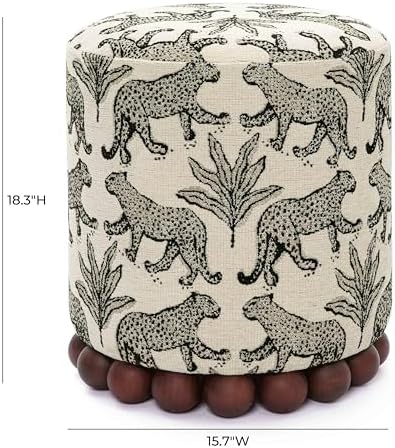 First of a Kind Ottoman Foot Rest - Cream Fabric Round Ottoman Stool with Solid Wood Spherical Orbs - 15.7" W x 15.7" D x 18.3" H - Handmade, Easy Clean, 330 lbs Weight Capacity