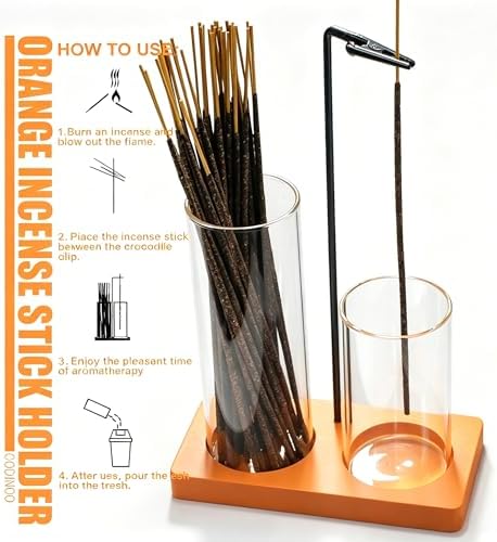 2 in 1 Incense Holder for Sticks Incense Burner Holder with Storage,Glass Upside Down Incense Holder for Sticks with Glass Ash Catcher for Meditation Yoga Spa Room Home Decor[Orange]