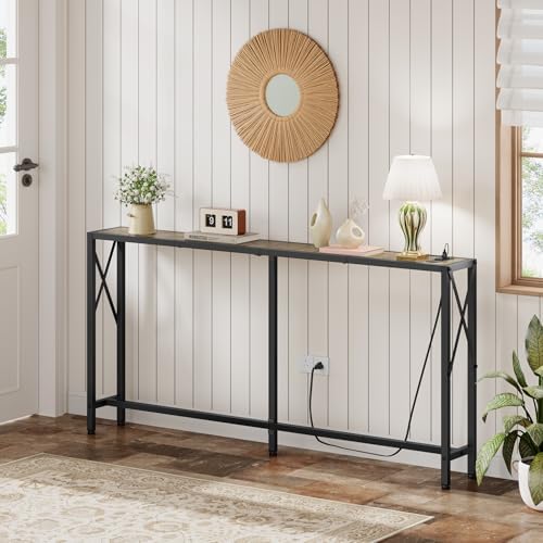 Gewudraw Narrow Console Table with Socket, Sofa Table Behind Couch