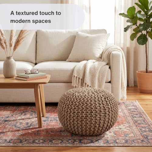 · REDEARTH · Round Pouf Ottoman - Hand Knitted Boho Poof Footrest - Beige