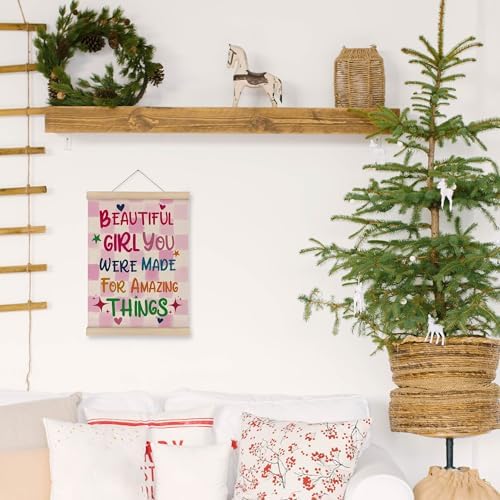 MAQIKA Inspirational Girls Room Poster Framed with Wood Hanger, Pink Girl Nursery Hanging Wall Decor, Motivational Canvas Wall Art Paints for Kids Toddler Girl Nursery Room Bedroom, 12x16 Inch