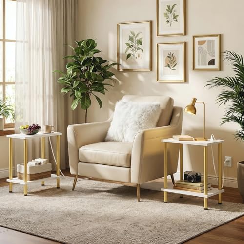 HOOBRO Side Table with Charging Station, End Table with USB Port and Outlet, Nightstand with 2-Layer Storage Shelves for Small Spaces, Living Room, Bedroom, Stable Frame, White and Gold DW09UBZ01